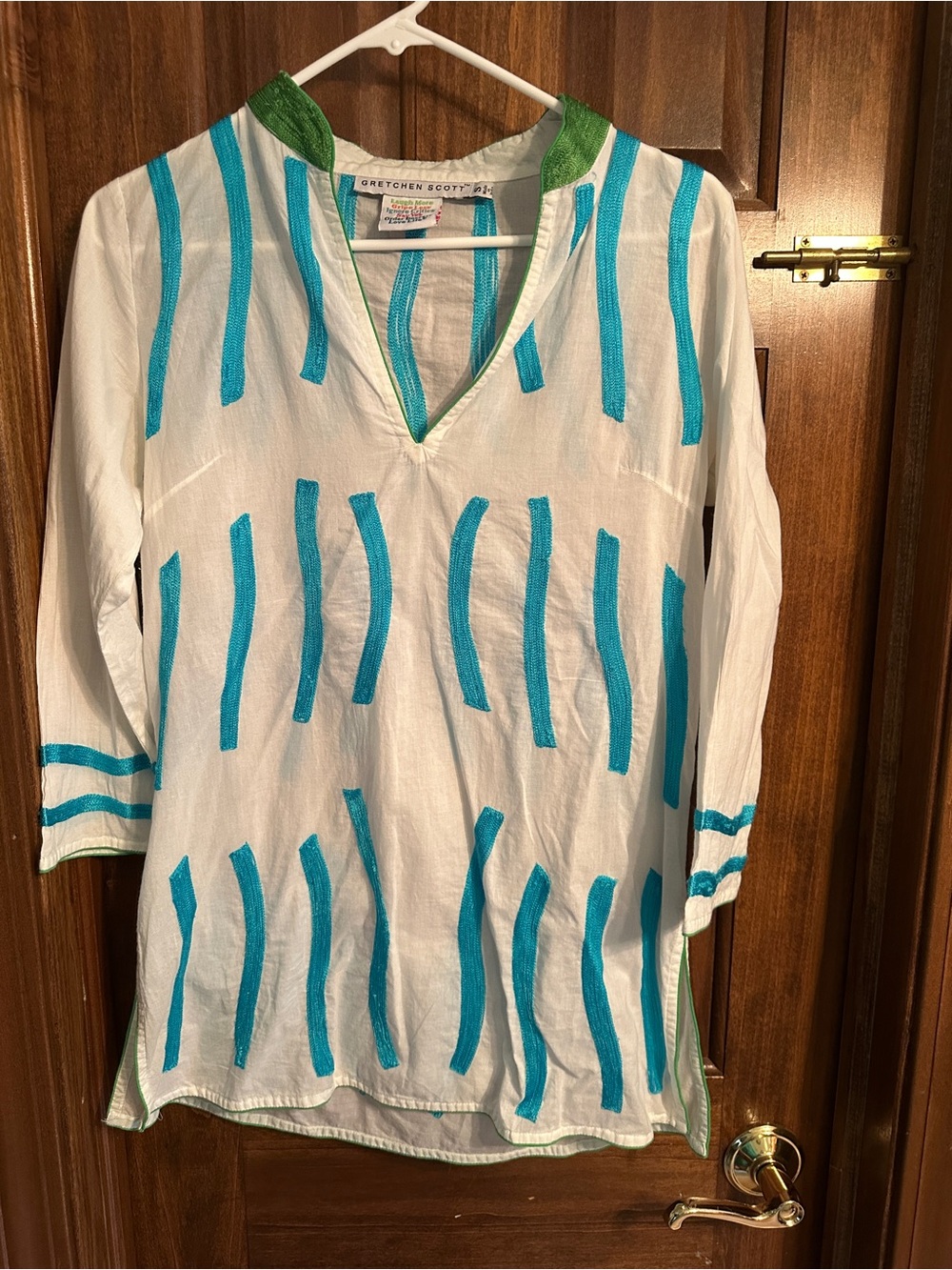 Gretchen Scott Designs White Tunic with Teal Stripe Accents and Green Trim